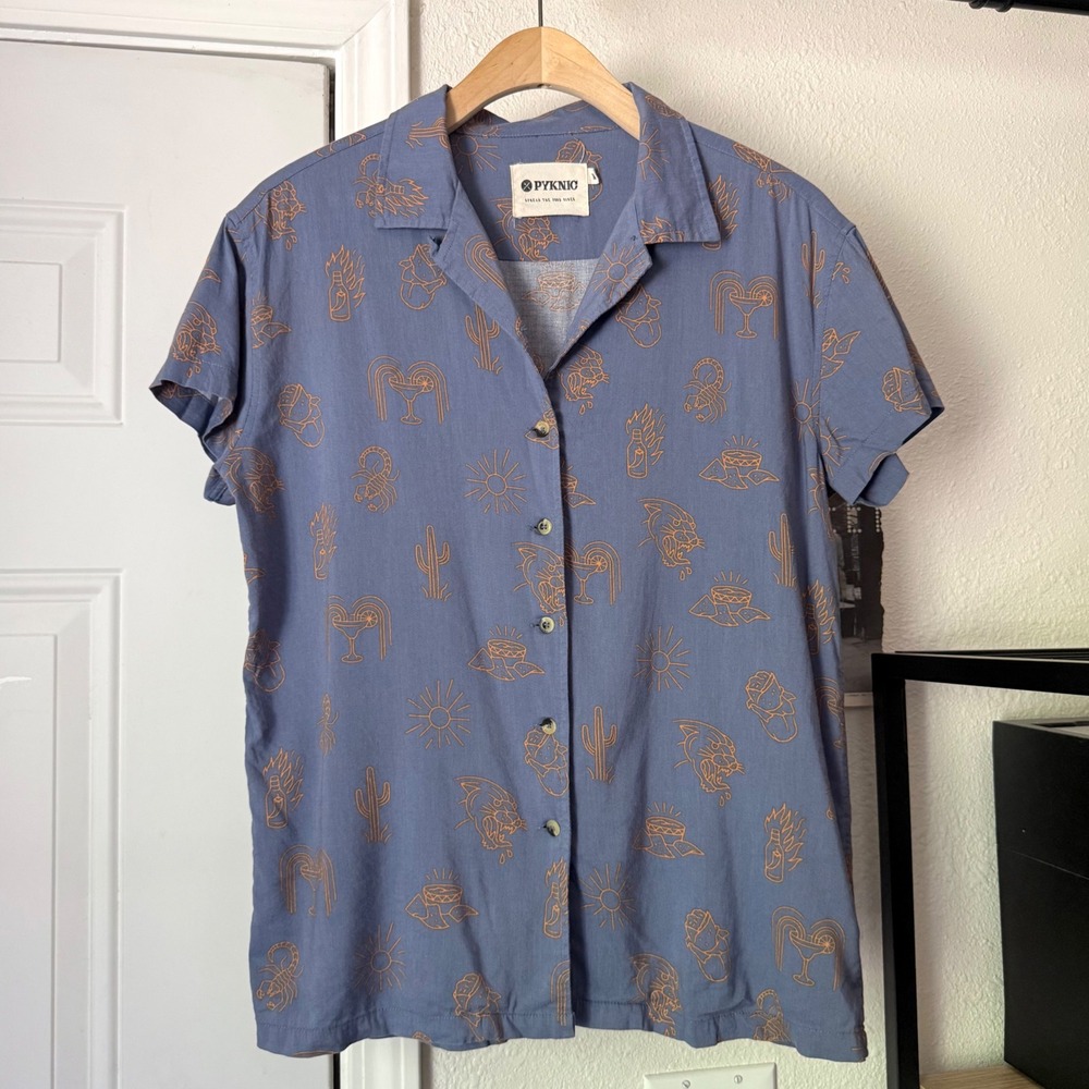PYKNIC blue orange printed cotton boxy short sleeve button up shirt